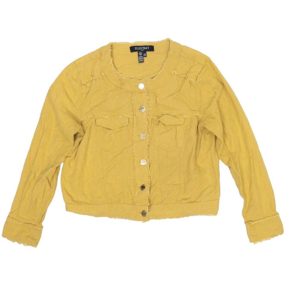 Ellen‎ Tracy Women's PS Mustard Yellow Linen Blend Long Sleeve Button Top Fringe